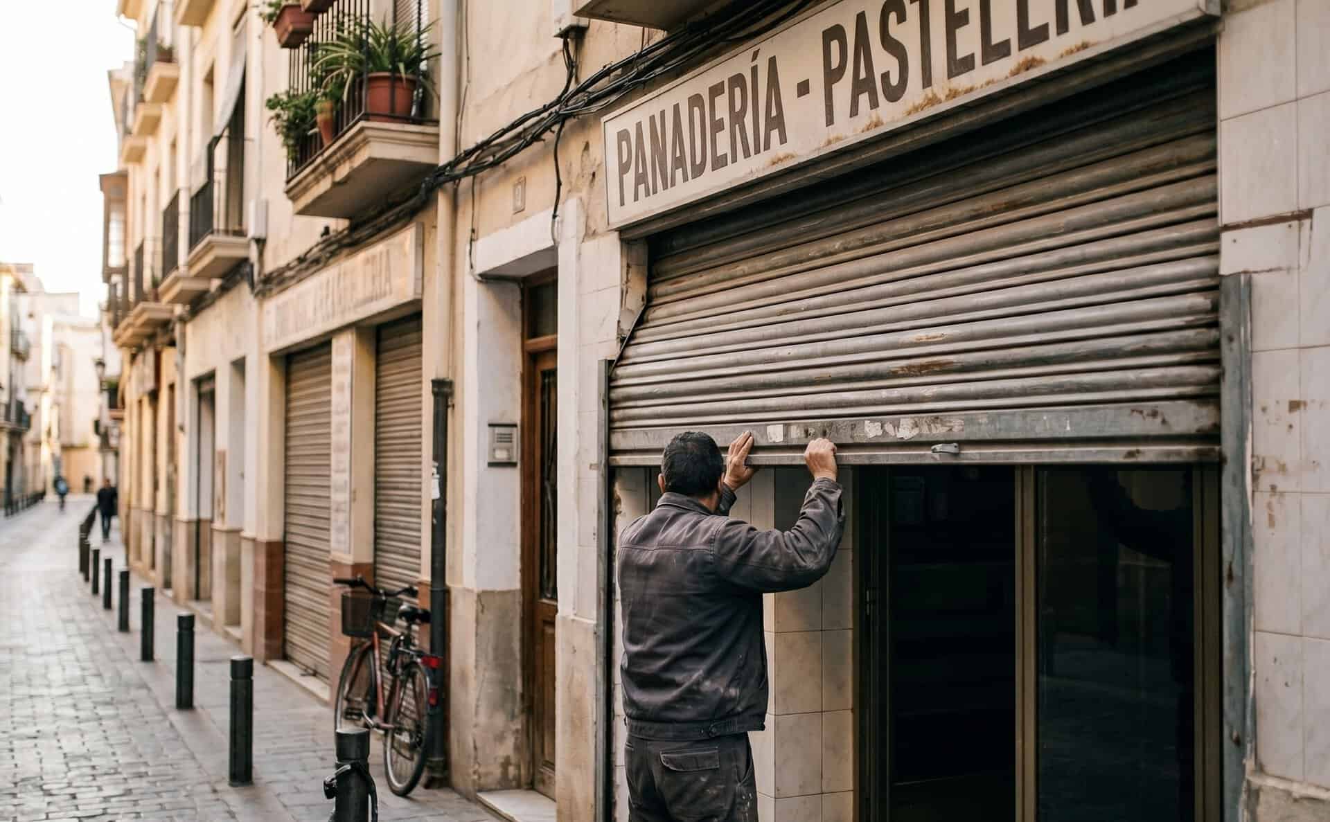 Hombre levantando la persiana metálica de su panadería por la mañana