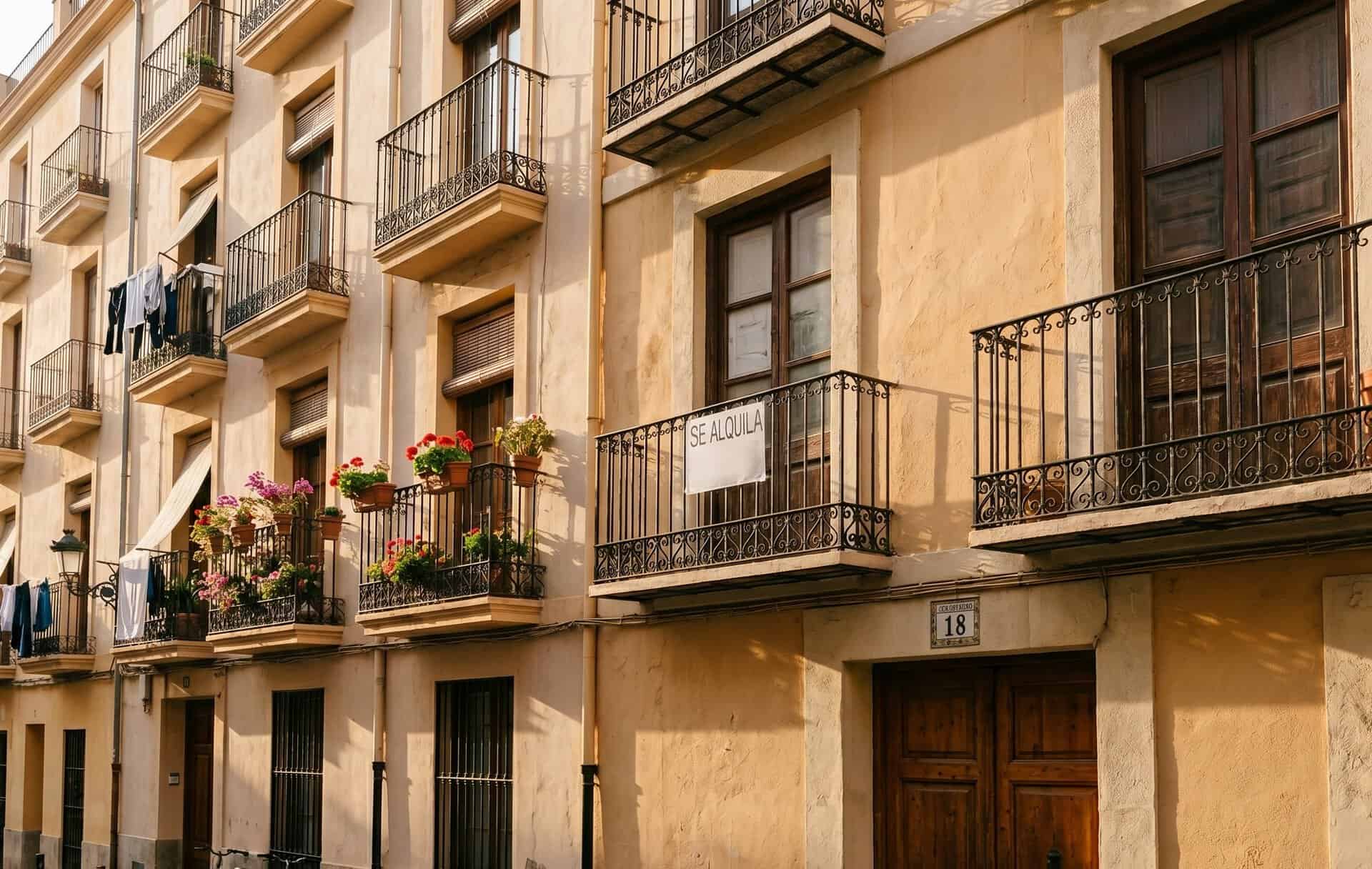 Cartel de "Se Alquila" en el balcón de un edificio residencial español